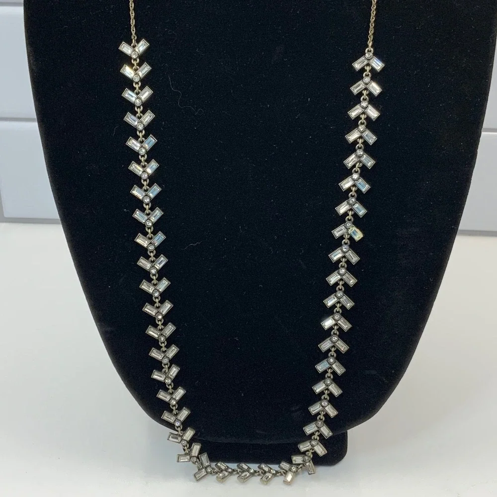 LOFT Long Antiqued Gold Tone Clear Baguette Rhinestone Chevron Statement Necklac